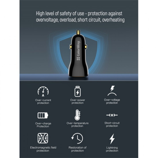 COLORWAY Autós töltő, CW-CHA046PD-BK Power Delivery Port PPS USB (USB-A + USB-C) (60 W) Fekete