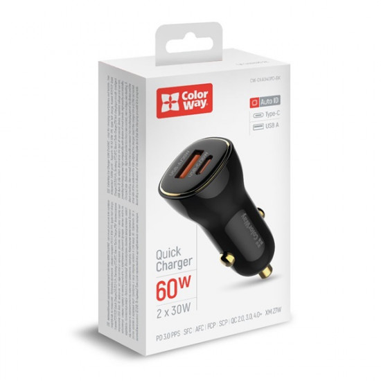 COLORWAY Autós töltő, CW-CHA046PD-BK Power Delivery Port PPS USB (USB-A + USB-C) (60 W) Fekete