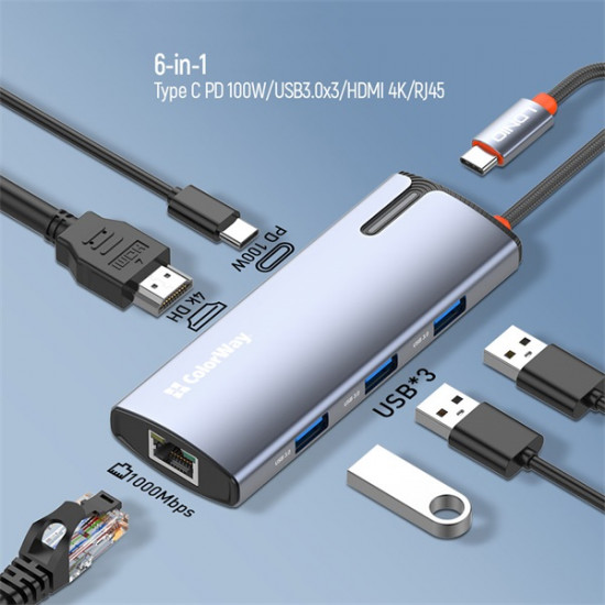 COLORWAY USB-elosztó (dokkolóállomás) CW-HUB02, USB-C 6-B-1 Type C PD 100W/USB3.0?3/HDMI 4?/RJ45