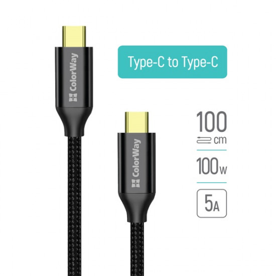 COLORWAY Kábel Type-C CW-CBPDCC062-BK, USB3.2, 20Gbps 4K PD100W, Gen2 5A 1M fekete