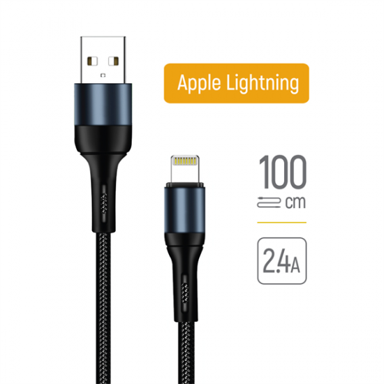 COLORWAY Kábel, USB CW-CBUL045-BK, Apple Lightning (nylon) 2,4A 1M fekete