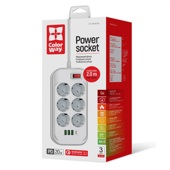 COLORWAY Hálózati elosztó, CW-CHE64PDW, 6 tápcsatlakozó/4USB (C típusú PD20W + 3USB QC3.0) (38W) Fehér 2M