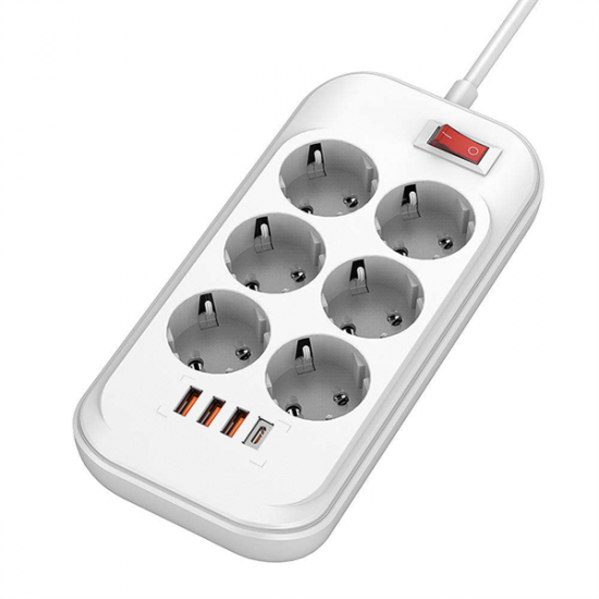 COLORWAY Hálózati elosztó, CW-CHE64PDW, 6 tápcsatlakozó/4USB (C típusú PD20W + 3USB QC3.0) (38W) Fehér 2M