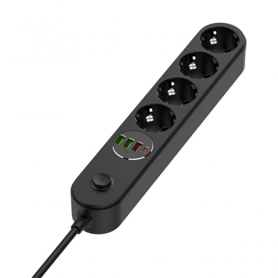 COLORWAY Hálózati elosztó, CW-CHE44PDB, 4 tápcsatlakozó/4USB (C típusú PD20W + 3USB QC3.0) (45W) Fekete 2M