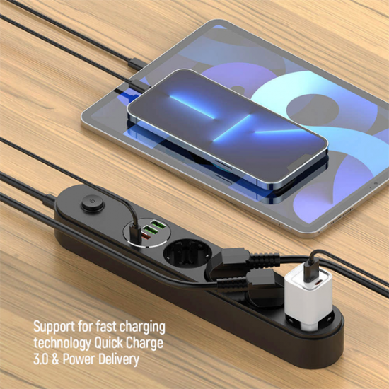 COLORWAY Hálózati elosztó, CW-CHE44PDB, 4 tápcsatlakozó/4USB (C típusú PD20W + 3USB QC3.0) (45W) Fekete 2M