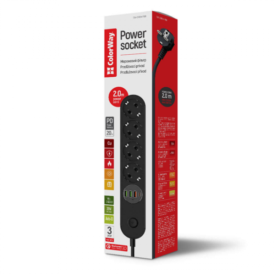 COLORWAY Hálózati elosztó, CW-CHE44PDB, 4 tápcsatlakozó/4USB (C típusú PD20W + 3USB QC3.0) (45W) Fekete 2M