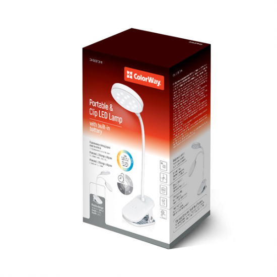 COLORWAY Asztali LED lámpa, Flexible & Clip 2 beépített akkumulátorral Fehér (CW-DL10FCB-W)