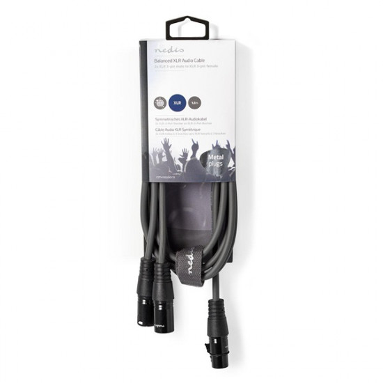 Nedis COTH15020GY15 félprofi XLR audio kábel, XLR 3p aljzat - 2 x XLR 3p dugó, 1.5m, rugalmas