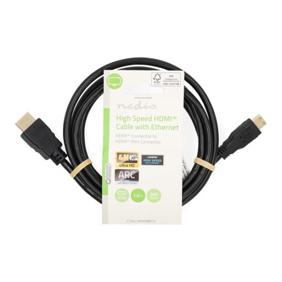 Nedis CVGL34500BK15 mini HDMI - HDMI kábel, 4K@30Hz, 10,2 Gbps, 1,5m