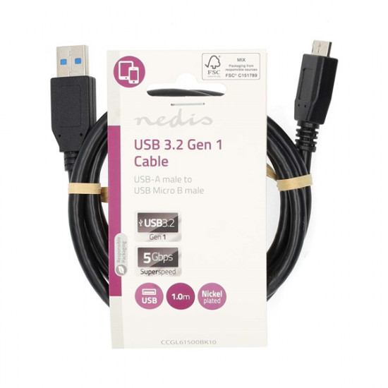 Nedis CCGL61500BK10 USB3.2 - micro-B (micro B) kábel, 5 Gbps, 1m, (USB3.1, USB3.0, USB2.0)