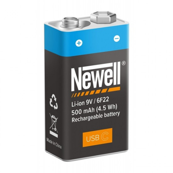 NEWELL 9V - os akkumulátor, USB-C port, 500 mAh, 6F22, USB-A/USB-C kábel tartozék, 40 hónap garancia, 1200 töltés