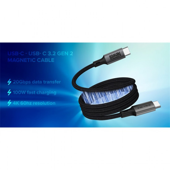NEWELL USB-C – USB-C 3.2 Gen 2 mágneses gyorstöltő kábel, 20 Gbps adatátvitel, 100W, 40 hónap garancia