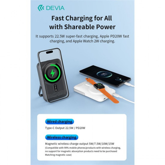 Devia Extreme Speed Magnetic PD 22.5W powerbank/állvány - Lightning/Type-C - 10.000 mAh - szürke