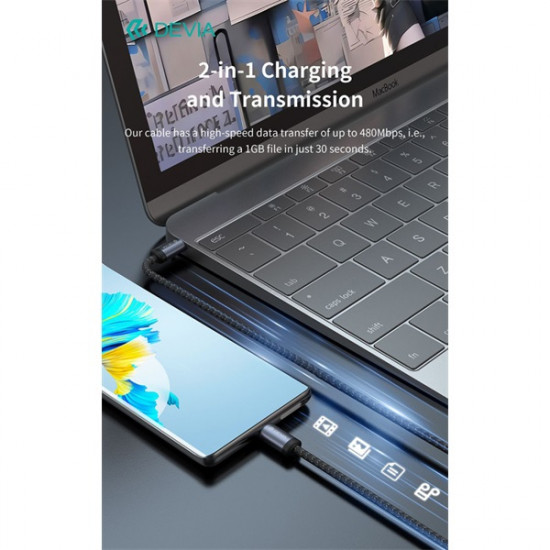 Devia Gracious Series 60W PD Type-C/Type-C adat- és töltőkábel 3m - fekete