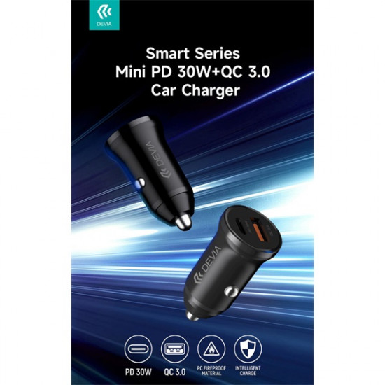 Devia Smart Series Mini 30W PD+QC USB+Type-C autós töltő adapter - fehér