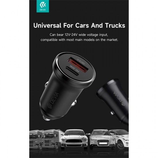Devia Smart Series Mini 30W PD+QC USB+Type-C autós töltő adapter - fehér