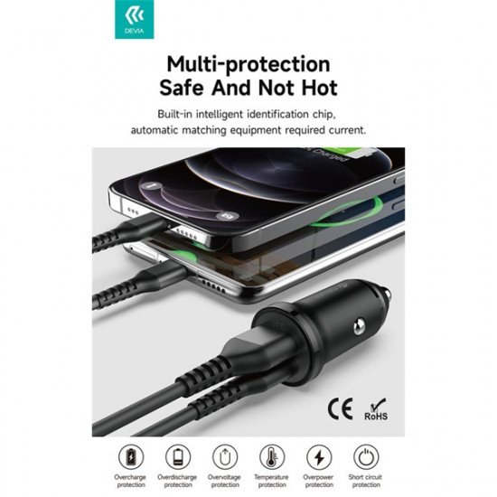 Devia Smart Series Mini 30W PD+QC USB+Type-C autós töltő adapter - fehér