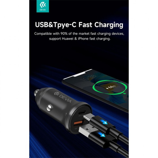 Devia Smart Series Mini 30W PD+QC USB+Type-C autós töltő adapter - fehér