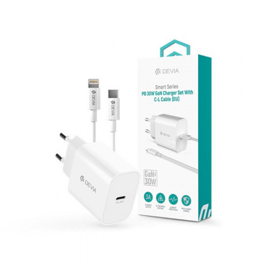 Devia Smart Series 30W GaN PD+QC hálózati gyorstöltő adapter + Type-C/Lightning kábel - fehér