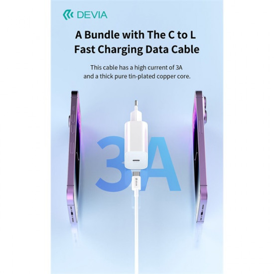 Devia Smart Series 30W GaN PD+QC hálózati gyorstöltő adapter + Type-C/Lightning kábel - fehér