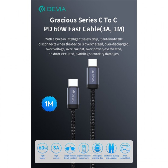 Devia Gracious Series 60W PD Type-C/Type-C adat- és töltőkábel 1m - fekete