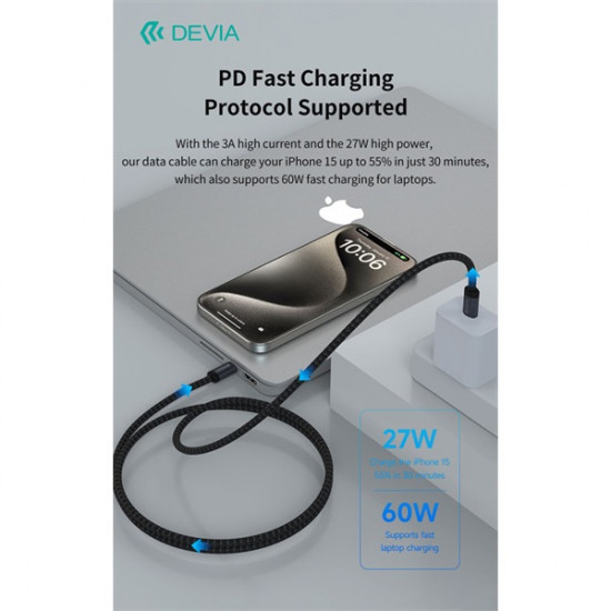 Devia Gracious Series 60W PD Type-C/Type-C adat- és töltőkábel 1m - fekete