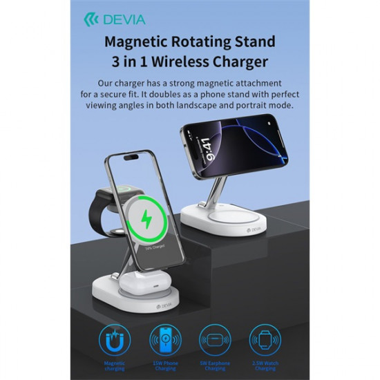 Devia Extreme Speed Series 15W Qi 3 In 1 vezeték nélküli töltő Smartphone/iWatch/Airpods - fehér