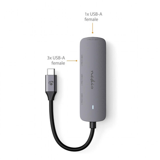 Nedis CCGB64220GY01 4 portos USB-C hub, USB-C dugó (USB C) to 4x USB A 3.2 Gen1