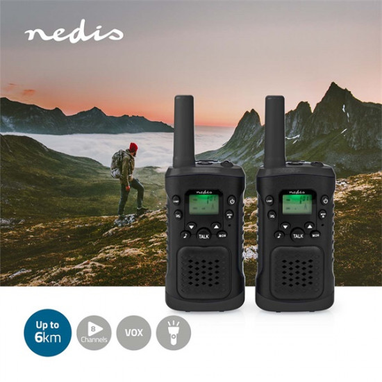 Nedis WLTK0610BK Walkie-Talkie készlet, 2 kézibeszélő 6 km-ig, 8 csatorna, 38 alcsatorna, 61 DCS kód, PTT/ VOX, LED lámp
