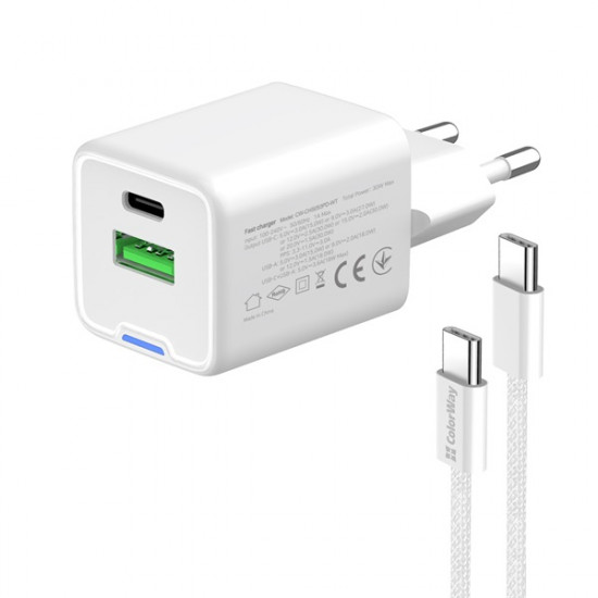 COLORWAY AC töltő GaN Mini CW-CHS053PDC-WT 30W PD port PPS USB (Type-C PD + USB QC4.0) kábel Type-C