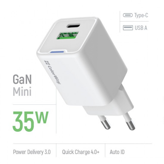 COLORWAY AC töltő GaN Mini CW-CHS055PD-WT 35W PD port PPS USB (Type-C PD + USB QC4.0) fehér