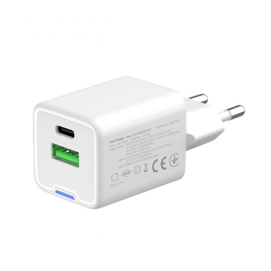 COLORWAY AC töltő GaN Mini CW-CHS055PD-WT 35W PD port PPS USB (Type-C PD + USB QC4.0) fehér