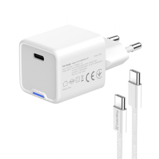 COLORWAY AC töltő GaN Mini CW-CHS056PDC-WT 35W PD port PPS USB-C fehér kábel Type-C