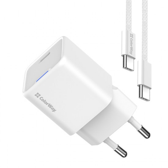 COLORWAY AC töltő GaN Mini CW-CHS056PDC-WT 35W PD port PPS USB-C fehér kábel Type-C