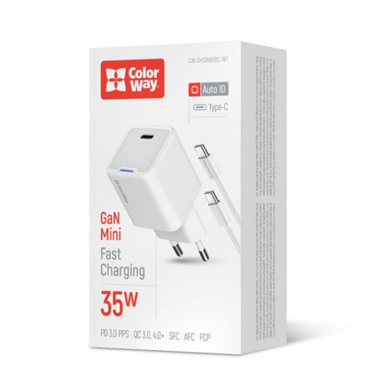 COLORWAY AC töltő GaN Mini CW-CHS056PDC-WT 35W PD port PPS USB-C fehér kábel Type-C