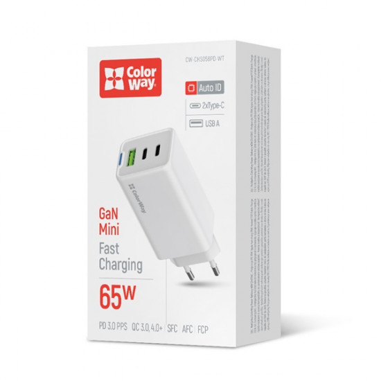 COLORWAY AC töltő GaN Mini CW-CHS058PD-WT 65W PD port PPS USB (USB-2C1A) fehér