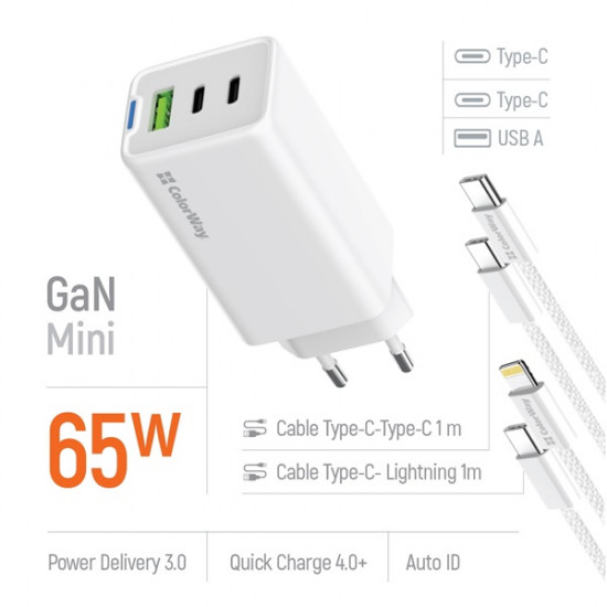COLORWAY AC töltő GaN Mini CW-CHS058PDCL-WT 65W PD port PPS USB (USB-2C1A) kábel Type-C és Lightning