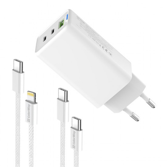 COLORWAY AC töltő GaN Mini CW-CHS058PDCL-WT 65W PD port PPS USB (USB-2C1A) kábel Type-C és Lightning