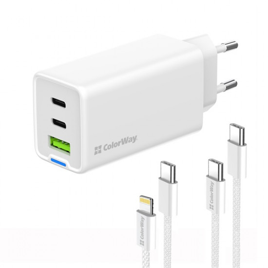 COLORWAY AC töltő GaN Mini CW-CHS058PDCL-WT 65W PD port PPS USB (USB-2C1A) kábel Type-C és Lightning