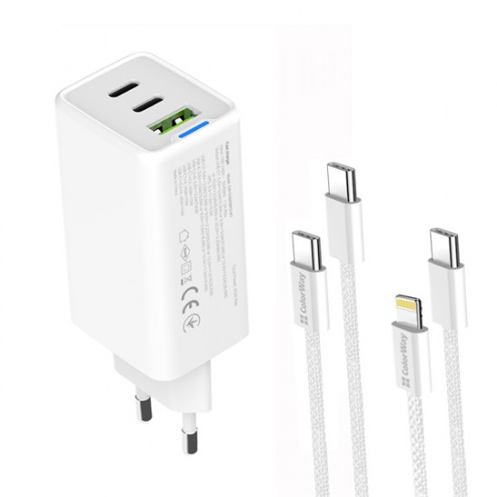 COLORWAY AC töltő GaN Mini CW-CHS058PDCL-WT 65W PD port PPS USB (USB-2C1A) kábel Type-C és Lightning