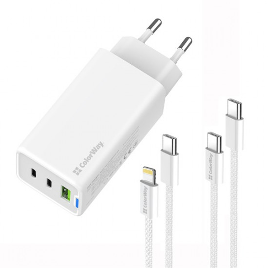 COLORWAY AC töltő GaN Mini CW-CHS058PDCL-WT 65W PD port PPS USB (USB-2C1A) kábel Type-C és Lightning
