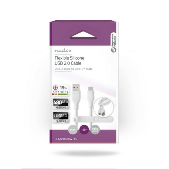 Nedis CCGB60800WT15 flexibilis USB A - USB C (USB-C) kábel, USB2.0, 15W, hossz 1,5m, fehér rugalmas szilikon