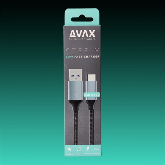 AVAX Töltőkábel, USB-A - USB-C, 3A, 1,5 méter, acélszürke