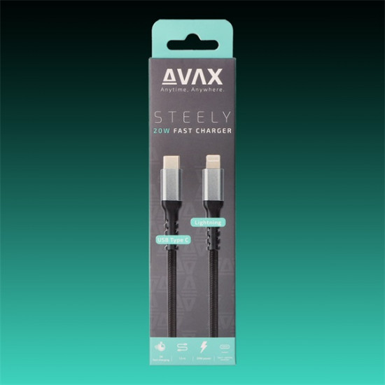 AVAX Töltőkábel, USB-C - Lightning, 3A, 1,5 méter, acélszürke