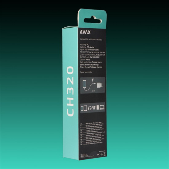 AVAX Hálózati töltő USB-A USB-C 20W, fehér