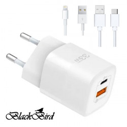 BLACKBIRD Hálózati Adapter ZCD-015B-AC GAN 33W + USB/Lightning kábel 1m + USB/Type-C kábel 1m, Fehér