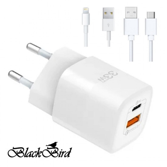 BLACKBIRD Hálózati Adapter ZCD-015B-AC GAN 33W + USB/Lightning kábel 1m + USB/Type-C kábel 1m, Fehér
