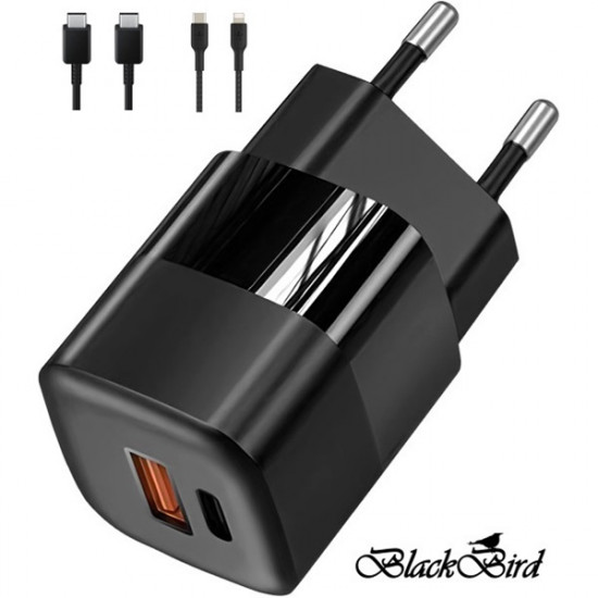BLACKBIRD Hálózati Adapter ZCD-015B-AC GAN 33W + USB/Type-C kábel 1m + Type-C/Lightning 1m, Fekete