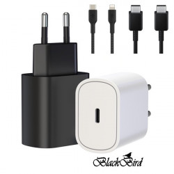 BLACKBIRD Hálózati Adapter T145 25W + Type-C + Lightning kábel 1m, Fekete