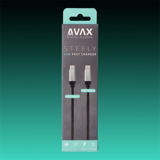 AVAX Töltőkábel, USB-C - USB-C, 60W, 3A, 1,5 méter, acélszürke
